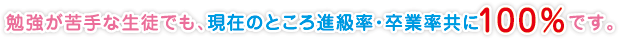 勉強が苦手な生徒でも、現在のところ進級率・卒業率共に100％です。