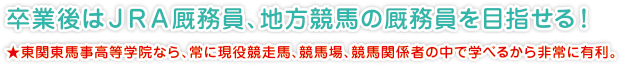 卒業後はＪＲＡ厩務員、地方競馬の厩務員を目指せる！
★東関東馬事高等学院なら、常に現役競走馬、競馬場、競馬関係者の中で学べるから非常に有利。