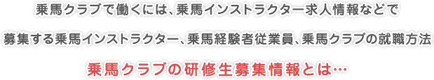 乗馬クラブで働くには、乗馬インストラクター求人情報などで
募集する乗馬インストラクター、乗馬経験者従業員、乗馬クラブの就職方法
乗馬クラブの研修生募集情報とは…