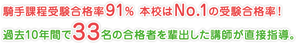 騎手課程受験合格率91％ 本校はNo.1の受験合格率！
過去１０年間で３３名の合格者を輩出した講師が直接指導。