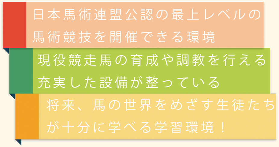 日本馬術連盟公認の最上レベルの馬術競技を開催できる環境 現役競走馬の育成や調教を行える充実した設備が整っている 将来、馬の世界をめざす生徒たちが十分に学べる学習環境！